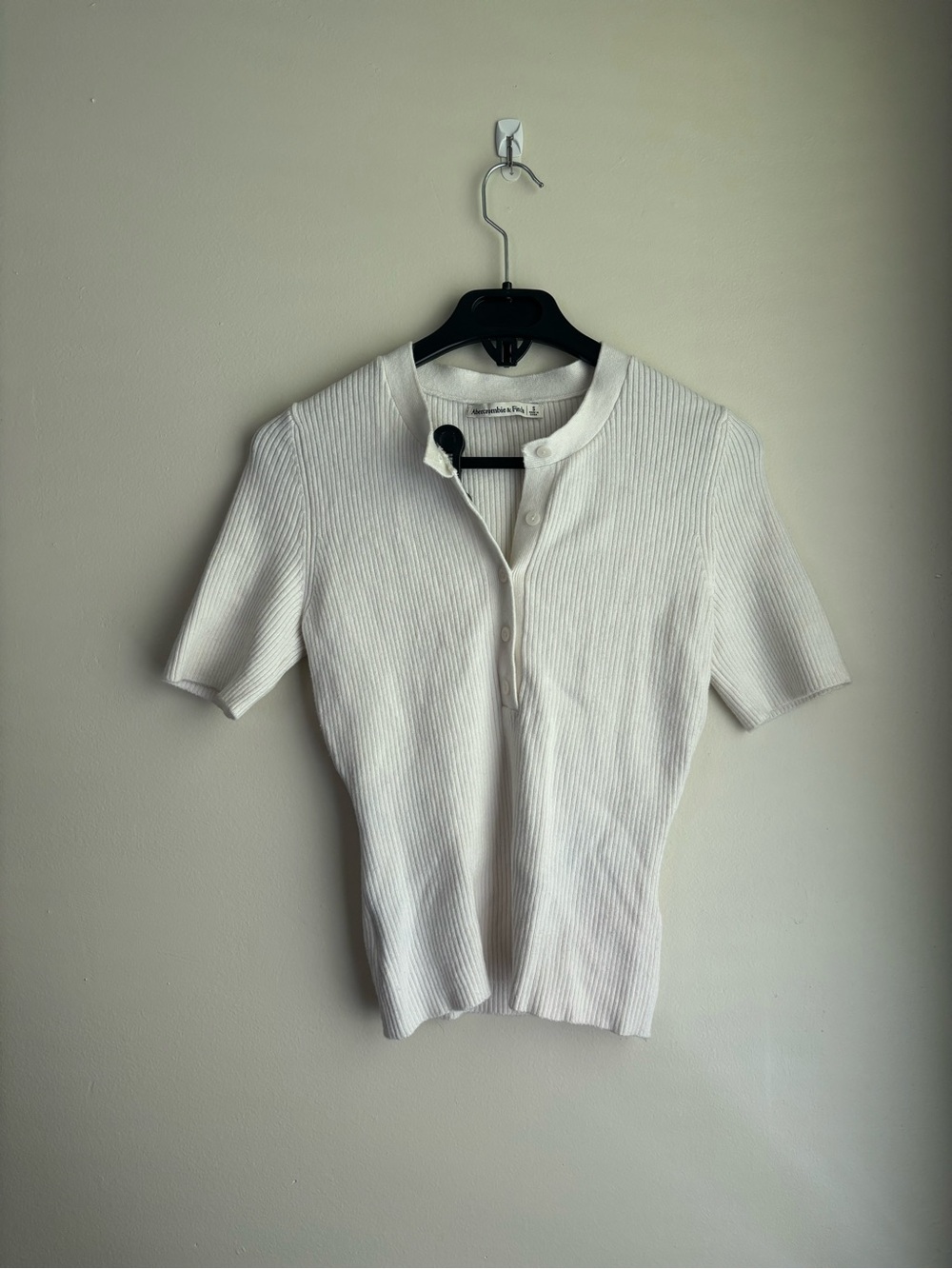 Abercrombie & Fitch Ribbed Henley Short Sleeve Top - White (S)